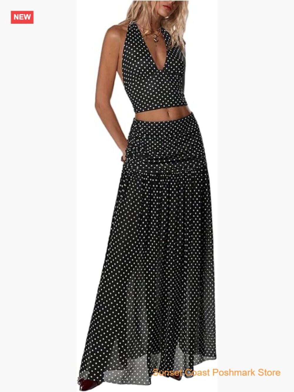 Sexy 2 Piece Skirt Set Halter Crop Top and Ruched Maxi Skirt Party Going Out